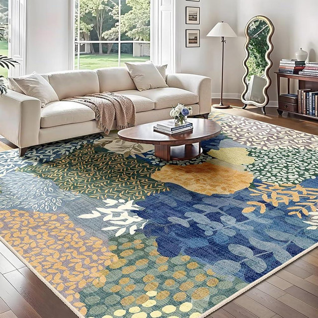 DEXDE Washable Area Rugs 6x9 for Living Room, Floral Large Rug Boho Print Vintage Low Pile Non Slip Carpet for Bedroom Kids Room Nursery Office Dinning Room,Blue