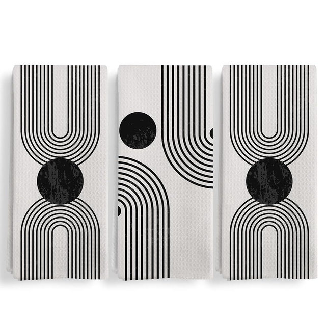 Qeheb Abstract Boho Black and White Kitchen Towels Set of 3, Mid Century Modern Boho Sun Arch Decorative Dish Tea Towels, Minimalist Contemporary Hand Towels for Bathroom Decor, 16X24In