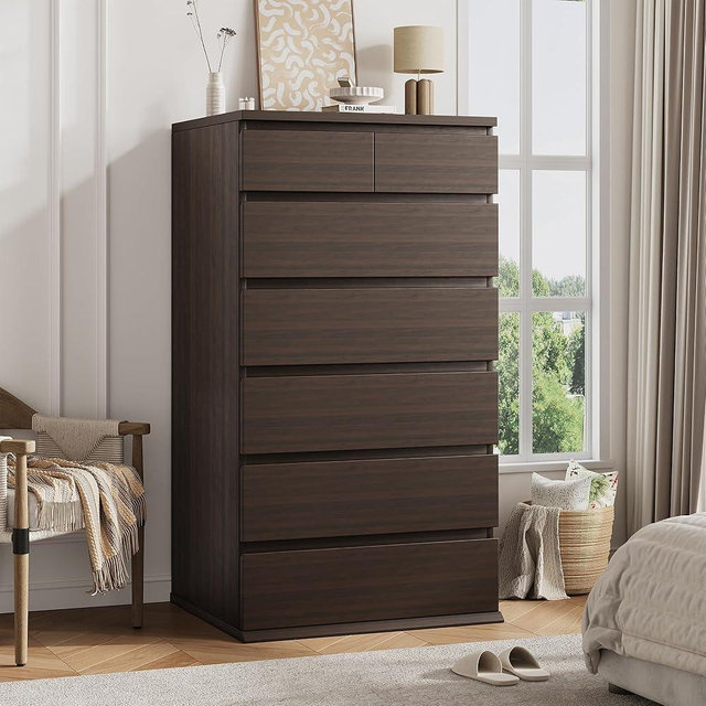 Jocoevol Brown Tall 7 Drawer Dresser for Bedroom, Modern Wood Closet Dressers & Chests of Drawers with Jewelry Storage, Vertical Dresser for Bedroom, Living Room, Nursery (23.6" L*15.8" W*47.5" H)