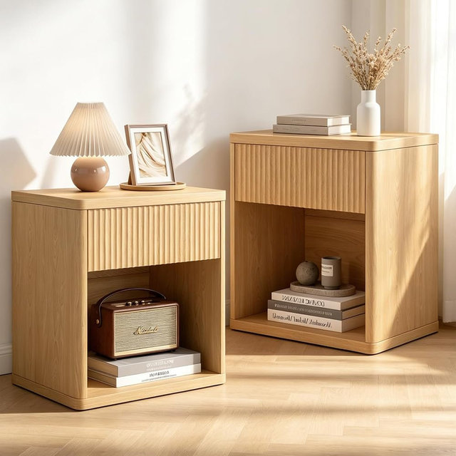 LubanNese Fluted Nightstands Set of 2, Modern Night Stands with Drawer, Bedside Table with Storage Open Shelf, Mid Century Large Wide Wood End Table for Bedroom Living Room, Natural