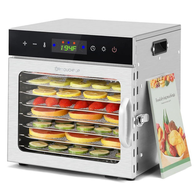 Oritouchpop Food Dehydrator, 194℉Temp Control, 8 Trays, Light On/Off, Dehydration Machine for Jerky, Fruit, Dog Treat, Herb, Veggies, Dried Snack with Touch-Control Timer & Temperature Stainless Steel