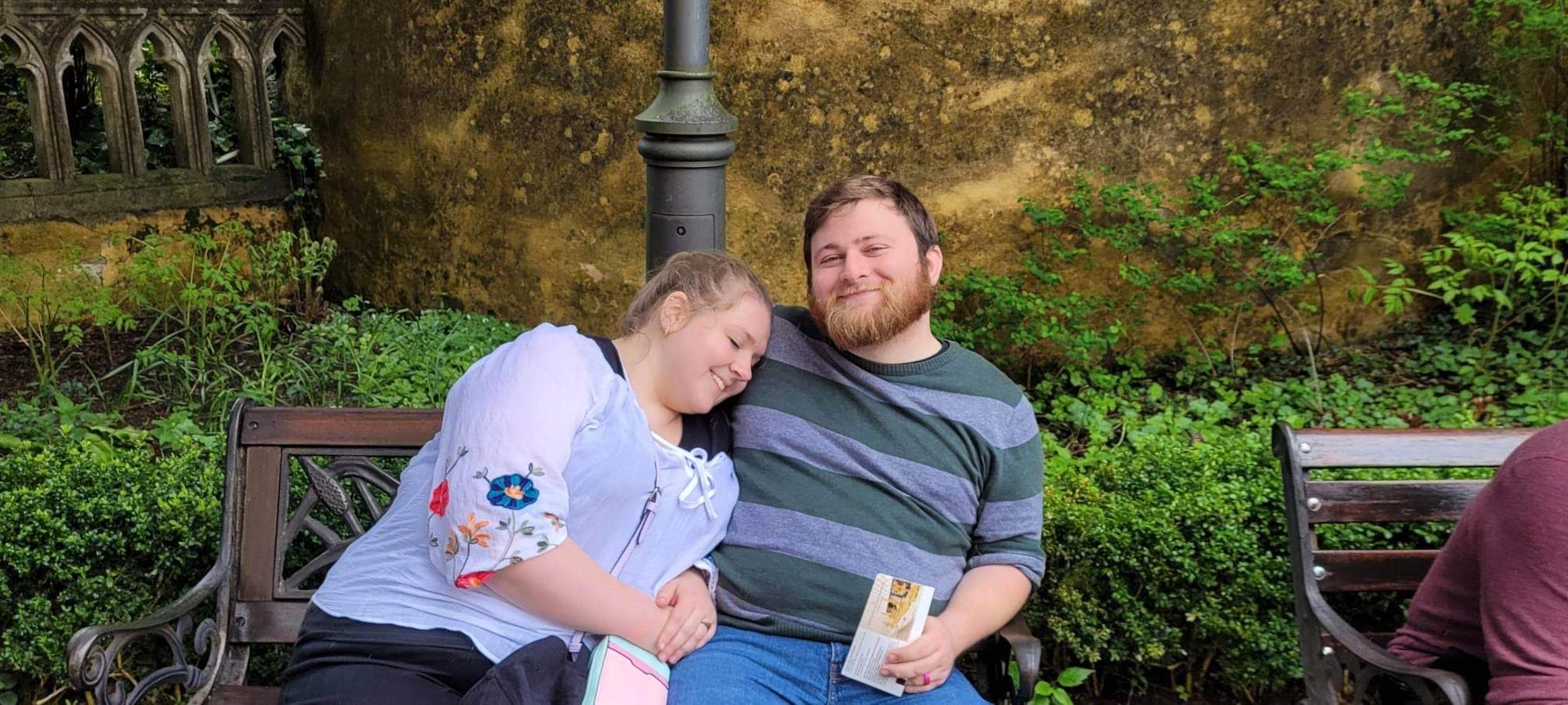 Relaxing before a tour of a castle.