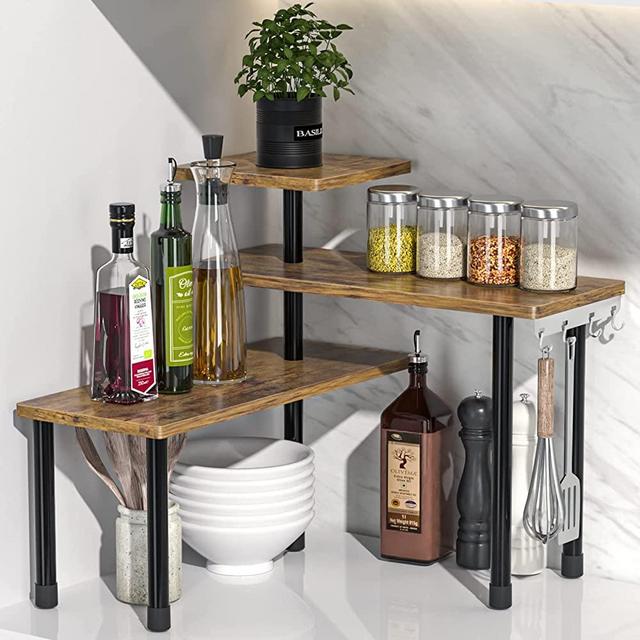 Kitchen Countertop Organizer Kitchen Organization, 3 Tier Shelf Moveable Corner Shelf Organizer for Kitchen Counter, Bathroom Counter, Spice Rack, Coffee Area, Over Sink, Dresser Table (Rustic Brown)