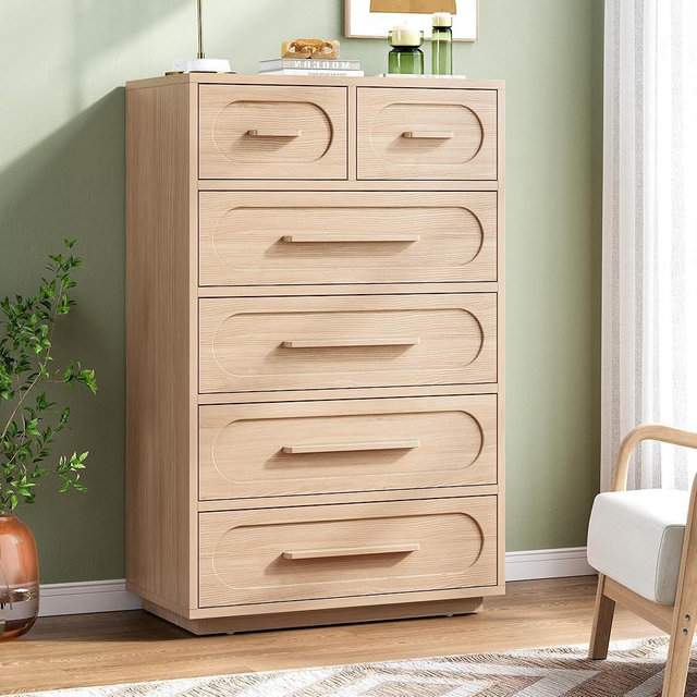 YANSNWO Tall Dresser for Bedroom, 44" Modern Chest of Drawers with Solid Wood Handle, Anti-Tipping Design, Sturdy and Stable Storage Organizer for Bedroom, Living Room, Hallway, Natural Oak