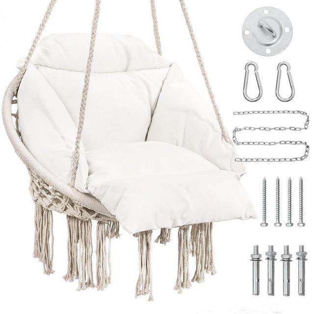 KROFEM Macrame Hammock Hanging Swinging Chair with Oversized Cushion, Perfect for Bedroom, Porch, Kids, Adults, Balcony, Beige
