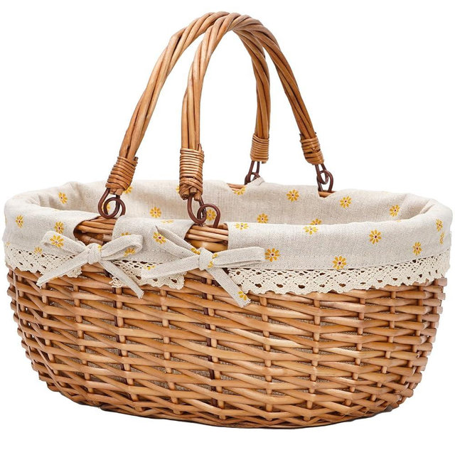 G GOOD GAIN Wicker Picnic Basket with Double Folding Handles,Willow Picnic Hamper,Natural Hand Woven Easter Basket,Easter Eggs and Candy Basket,Bath Storage,Gift Packing Basket.Yellow