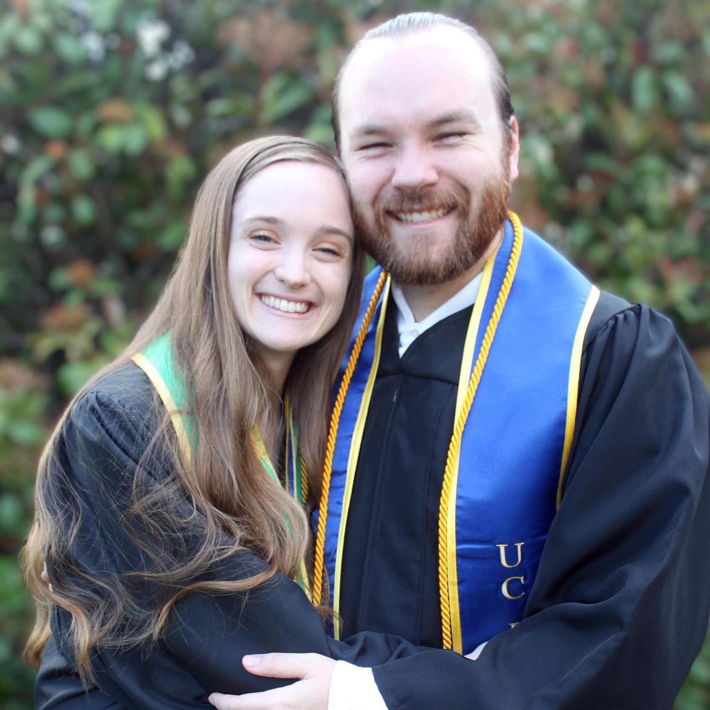 Two nerds celebrating a COVID graduation. If you can believe it, Ryan was rocking a ponytail these days. Photo by Danae's mom!