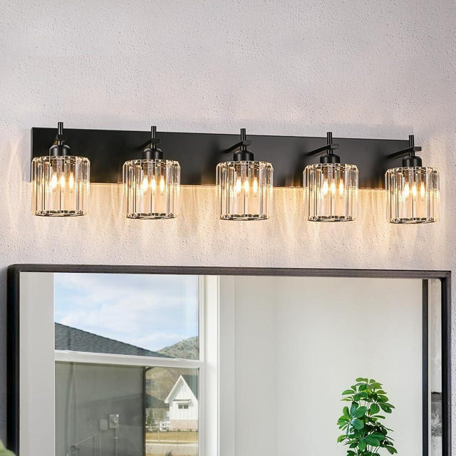 HUOKU Black Crystal Bathroom Vanity Lights, Modern 5-Lights Bathroom Lighting Fixtures Over Mirror, Crystal Wall Lighting with Round Shade