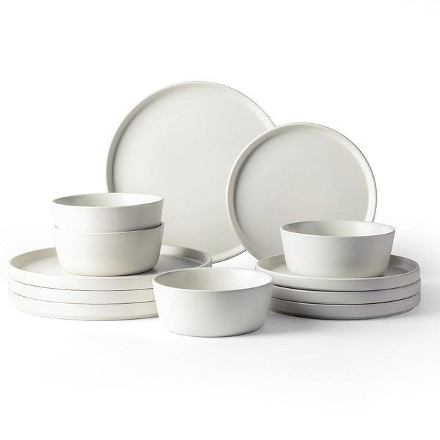 AmorArc Ceramic Dinnerware Sets of 4, Modern Flat Stoneware Plates and Bowls Sets,Chip and Crack Resistant | Dishwasher & Microwave Safe Dishes Set,Scratch Resistant- Service for 4 (12pc)-Matte Cream