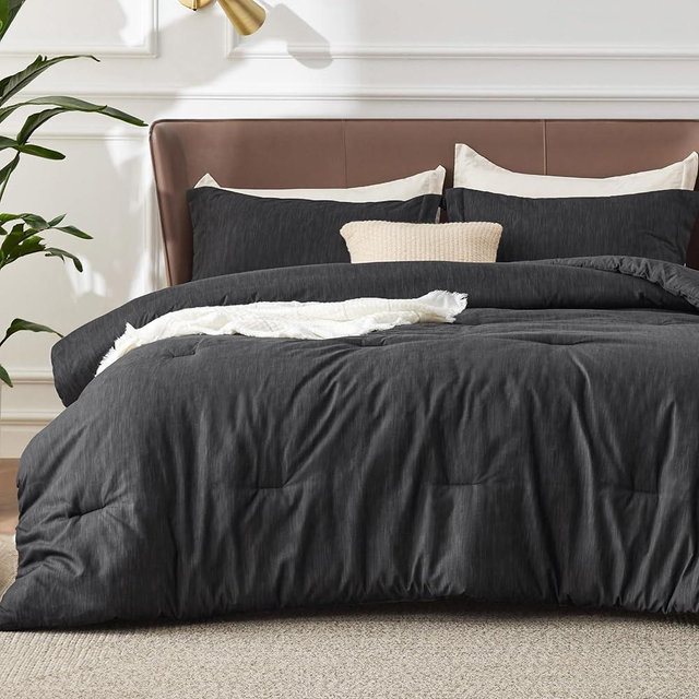Bedsure Queen Comforter Set - Black Comforter Queen Size, Soft Bedding for All Seasons, Cationic Dyed Bedding Set, 3 Pieces, 1 Comforter (90"x90") and 2 Pillow Shams (20"x26"+2")