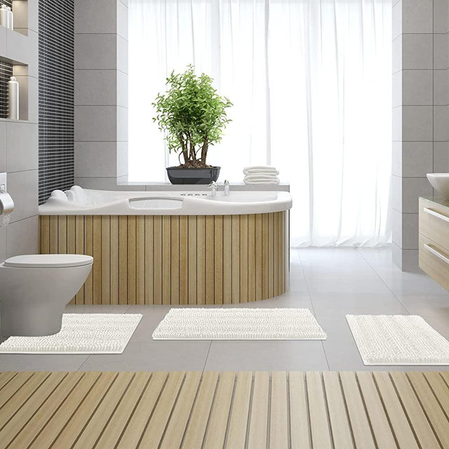 ACCUMTEK Striped White Bathroom Rug Set 3 Pieces Ultra Soft, Non Slip Chenille Toilet Mat, Absorbent Plush Shaggy Bath Mats for Bathroom, Bedroom, Kitchen, Ivory