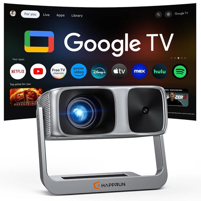 2000 ANSI Official Licensed Google TV Outdoor Projector 4K Full HD, Smart Projector with Wifi and Bluetooth, Auto Focus, Dolby Sound, Built-in Apps, HAPPRUN Indoor Home Theater with 270° Stand