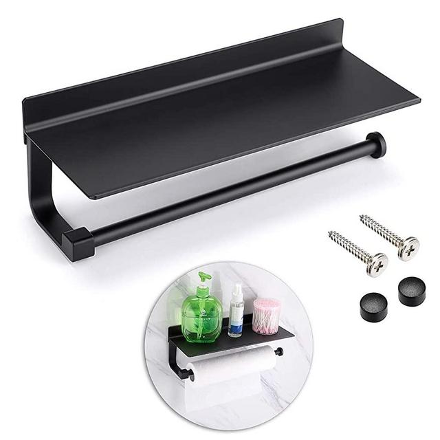 Sumnacon 13 Inch Aluminum Paper Towel Holder with Shelf - Wall Mounted Tissue Holder with Screws, Decorative Hand Towel Bar with Storage Organizer Shelf for Office, Bedroom, Bathroom, Kitchen,Black