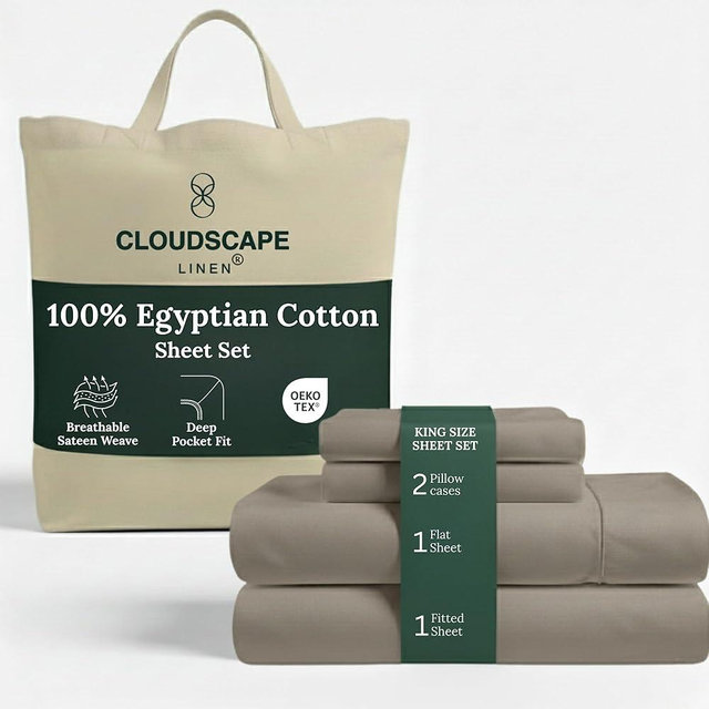 Cloud Scape Linen Engineered Dual-Ply Egyptian Cotton King Size Sheet Set – Long-Staple Sateen Weave, 4-Piece Soft Hotel Quality Bedding Set,Deep Pockets Up to 16”, Taupe