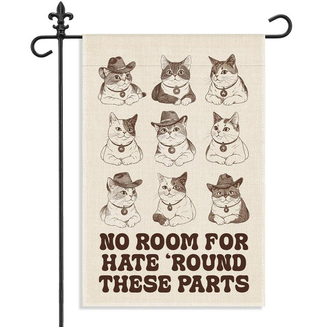 WHTYEFZ No Room for Hate ‘Round These Parts Garden Flag, 12 x 18 Inch Double Sided Cute Cowboy Cat Outdoor Yard Patio Decor, Meaningful Gifts for Cat Lover Kind Advocate, Social Activist Democrat Flag