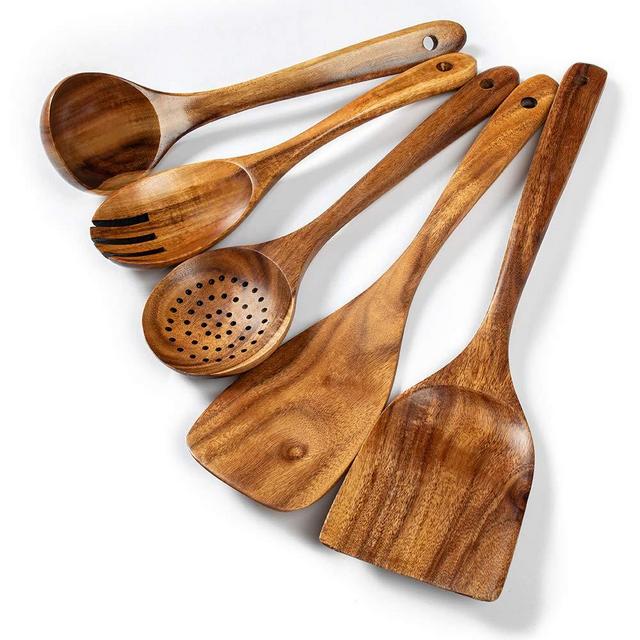Wooden Kitchen Utensils Set, 5 PCs Natural Acacia Wooden Cooking Spurtle Set for Non-stick Pan Kitchen Tool Cooking Ladle and Wok Spatulas, Wooden Spoons for Cooking Salad fork