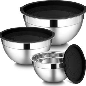 LIANYU Mixing Bowls with Lids Set of 3, Large & Small Stainless Steel Nesting Metal Bowls for Kitchen Storage, Dishwasher Safe, Size 1.5QT & 3QT & 4.6QT, Black
