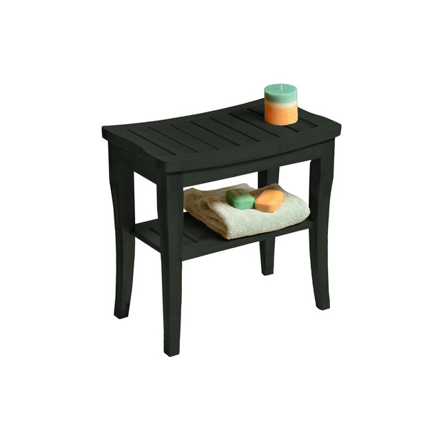 Bamboo Shower Bench Spa Stool - Wood 2-Tier Seat, Foot Rest Shaving Stool with Non-Slip Feet + Storage Shelf For Bathroom, Living Room, Bedroom Black