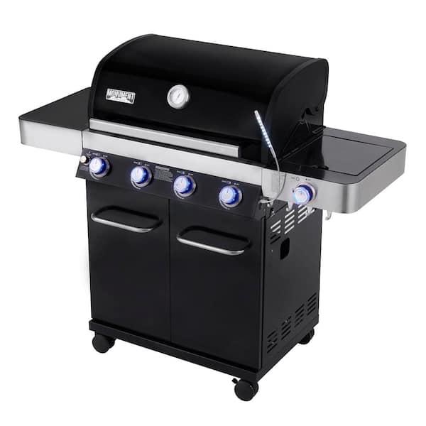 4-Burner Propane Gas Grill in Black with LED Controls, Side Burner and USB Light