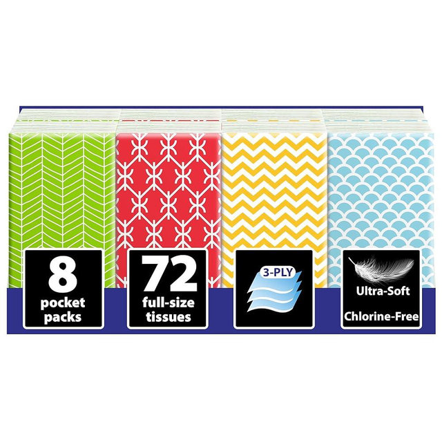 Funwares White Facial Travel Tissue Packs, Non-Bleach, Chlorine-Free, Compact Pocket Tissues for Car, Purse, School, Work, Pocket Tissue Packs, Geometric Design, 8 Packs, 72 Tissues, 3-Ply Sheets