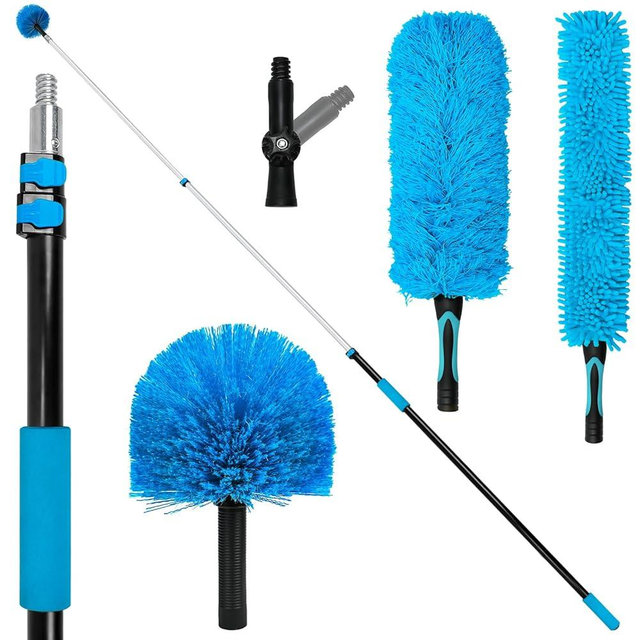 20 Feet High-Reach Cobweb Duster,Spider Web Brush & Ceiling Cleaning Kit with 5-12 feet Extendable Pole Heavy-Duty Duster for High Ceilings, Fan and Corner(Telescopic Iron Rod)