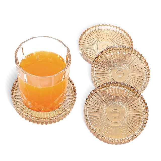 Round Modern Clear Coasters Set of 4, VIBRATITE 4 Inch Glass Cup Coaster Modern Crystal Coasters for Drinks Coffee Office Bar Kitchen Home Wedding Party Decor (Amber)