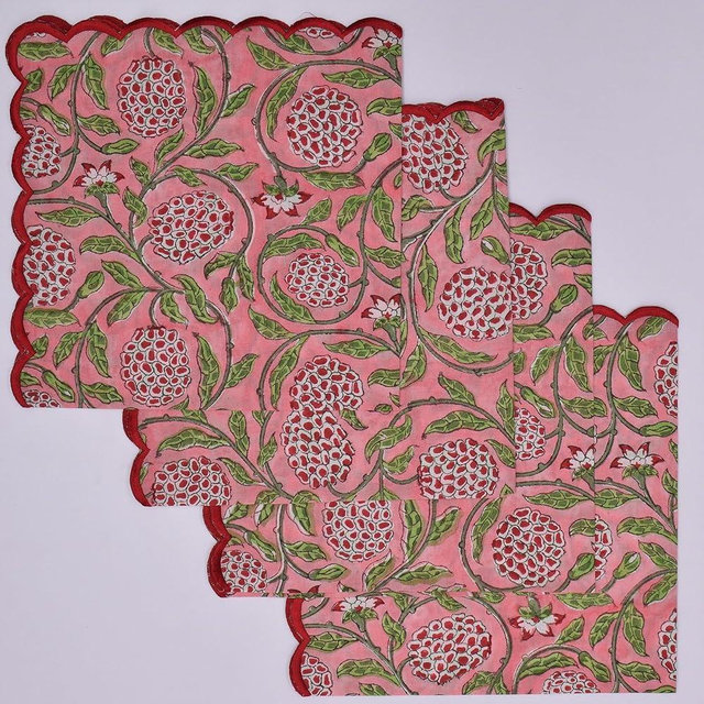 Ridhi Cloth Napkins Set of 4 Cotton Printed Dinner Block Print Napkins I Baby Bridal Shower Wedding Cocktail Cloth Floral Napkins I 18x18 in Strawberry Pink