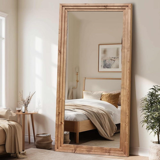 Full Length Wood Mirror 76x34 Rustic Solid Wood Floor Mirror with Triple Layer Frame, HD Tempered Glass, Wall Mounted or Leaning Standing Mirror Light Brown Mirror for Bedroom Bathroom Living Room