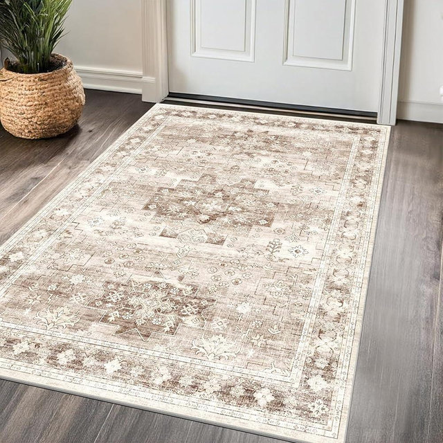 Washable Neutral Farmhouse Bedroom Rug, 3x5 Area Rugs for Living Room, Dining Room, Large Entryway, Boho Vintage Floral Non-Slip Throw Rug Low Pile Stain Resistant (3x5 Beige/Latte)