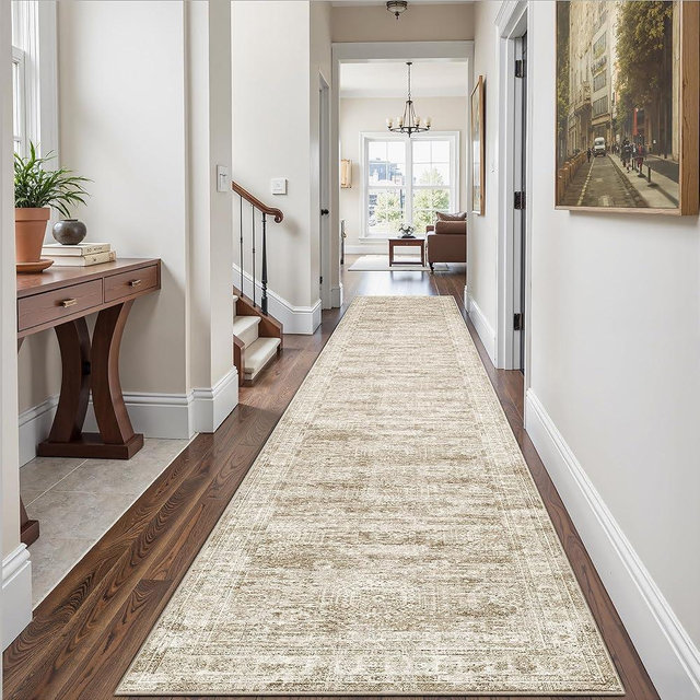 Soalmost Runner Rug 2'6" x 14' Washable Non-Slip Runner Rugs for Kitchen Bathroom Laundry Room Vintage Ultra Thin Runners for Hallway Entryway Brown