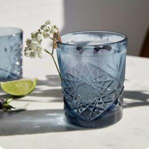 Libbey Hobstar Double Old Fashioned Glasses, Blue Colored Cut Glass Drinking Glasses Set of 4, Durable, Vintage Whiskey Glasses for Cocktail, Drinks