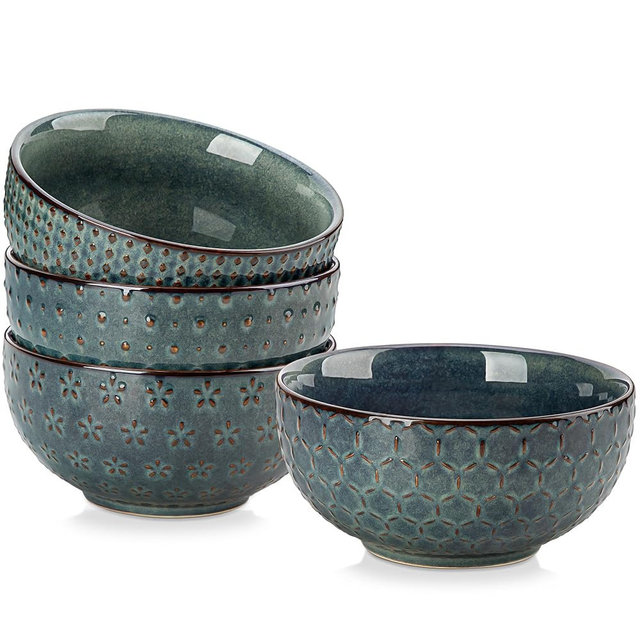 MALACASA Cereal Bowls, 30 Ounce Ceramic Green Soup Bowl for Kitchen, Stoneware Bowls Set of 4 with Embossment for Pho, Chip, Fruits, Salad, Noodle, Ramen - 6 Inch, Series LYDIA