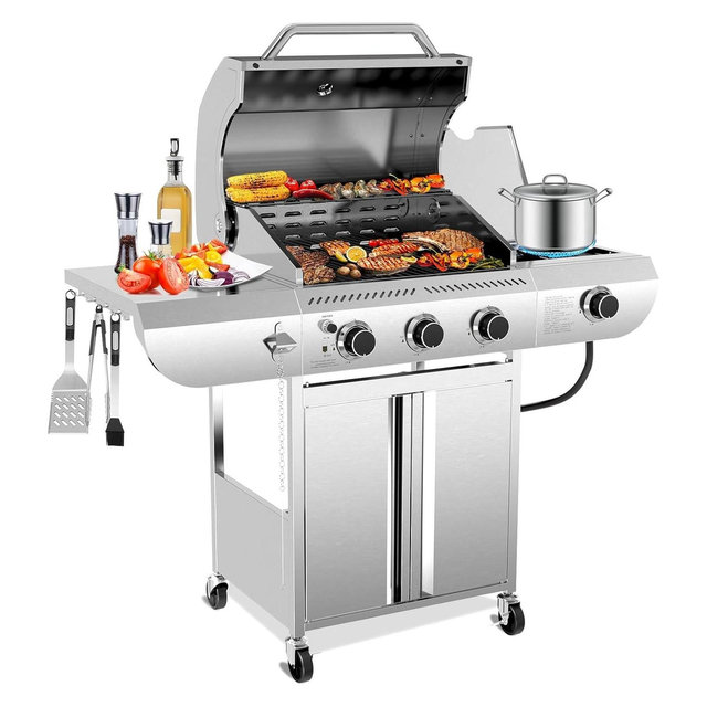 ZAFRO 3-Burner Propane Gas Grill with Side Burner 34,000 BTU Stainless Steel Outdoor BBQ Grill, Cast Iron Grates, Portable for Patio, Camping