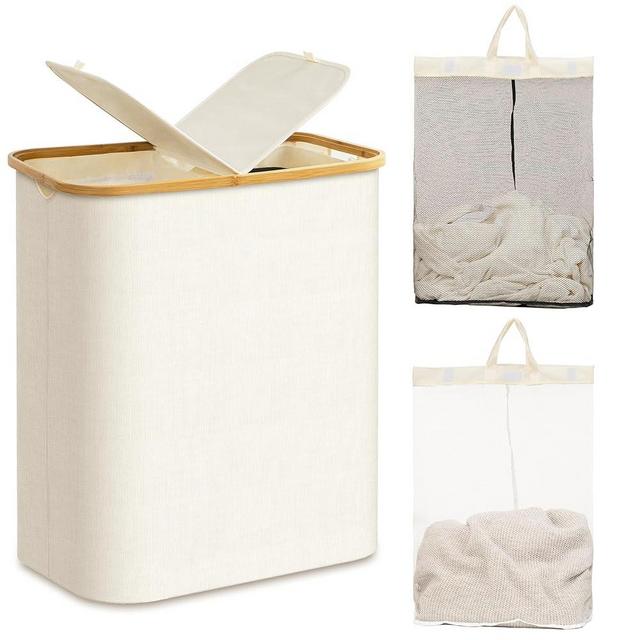 Famyards Double Laundry Hamper with Lid,145L Large Laundry Basket with Bamboo Handles and Removable Inner Bag, 2 Section Dirty Clothes Hamper Laundry Bin for Bathroom, Bedroom,Dorm Laundry Room(Beige)