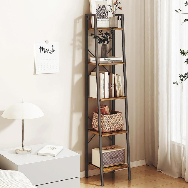 Hzuaneri 5-Tier Ladder Shelf, Narrow Bookshelf, Storage Shelves, Freestanding Bookcase with 2 Hooks for Home Office, for Living Room, Kitchen, Bedroom, Industrial, Rustic Brown and Black BC03201B