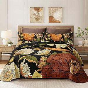 3 Piece Black Boho Floral King Size Quilt Sets Reversible Farmhouse Botanical Lightweight Bedspread Coverlet with 2 Shams Mid Century Microfiber Bedding Quilts Set for All Season,106''x96''