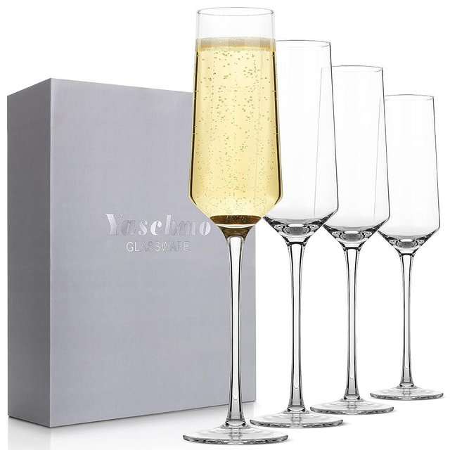 Yaschmo Champagne Flutes-Hand Blown Crystal Glasses Set of 4, 8oz Elegant Champagne Flutes, Ideal gift for Wedding,Anniversary, Shower Party Supplies-8oz, Clear