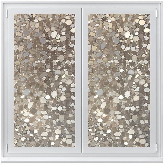 rabbitgoo Window Privacy Film, Decorative Rainbow Window Clings for Glass Covering, Static Cling Non Adhesive Door Stickers, Stained Glass Vinyl Decal, 3D Pebble, Brown-Taupe, 17.5 x 78.7 inches