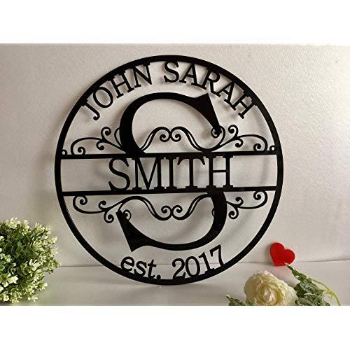 Personalized Family Last Name Sign Initial Split Letter Wreath Wedding Gift Custom First Names Est Year Established Sign Monogram Door Hanger Wall Decor Housewarming Gift for Couple Acrylic Wood Metal