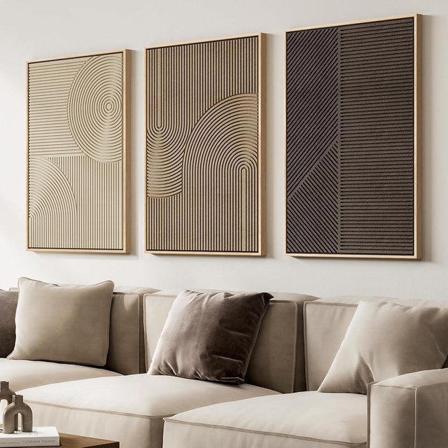 Large 3D Textured Framed Boho Neutral Abstract Wall Art for Living Room, 3 Piece Modern Artwork for Walls, Minimalist Beige Brown Tan Geometric Paintings for Hallway, Stair, Office Wall Decor 24x36 In