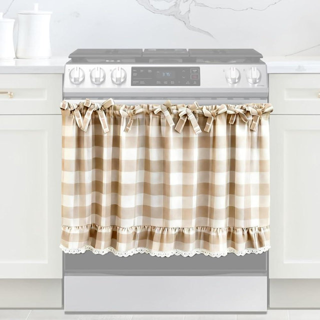 Handmade Beige And White Check Oven Curtain for Farmhouse Kitchen Decor, Cotton-Blend Stove Cover with Lace Trim & 9 Ribbon Ties, Rustic Decorative Oven Door Curtain for Cottage & Everyday Use