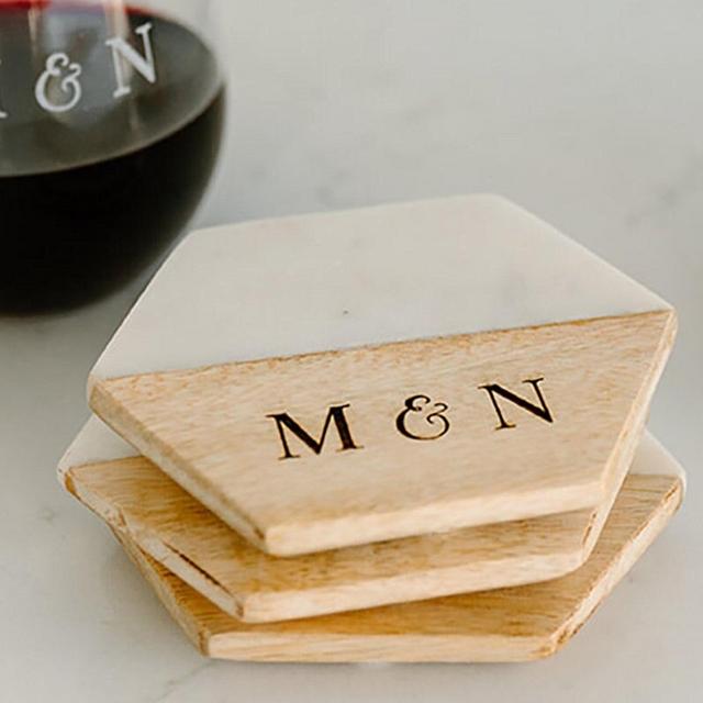 Engagement Gift, Wedding Gift, Housewarming Gift, Set of 4 Marble and Wood Hexagon Coasters, Personalized Coaster Set