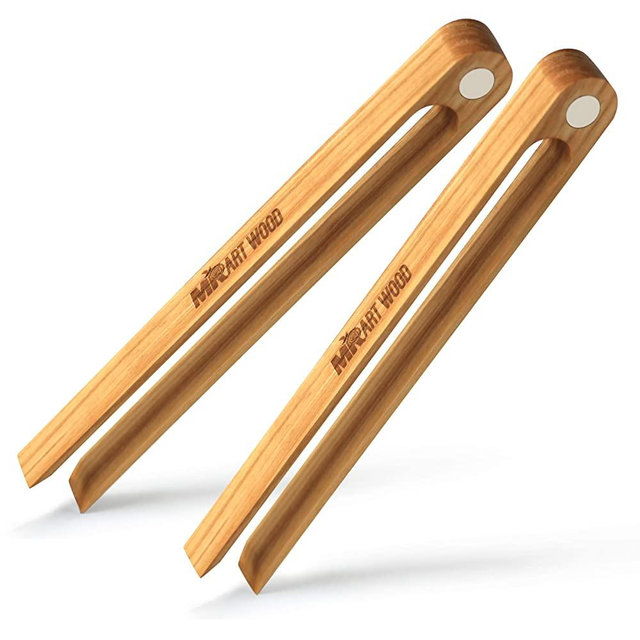 Mr.Art Wood Magnetic Wooden Toaster Kitchen Tongs (Pack of 2), 8.7" Length - Made in Europe, 100% Natural One-Piece Ash Wood