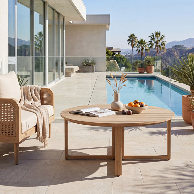 Christopher Knight Home Fabio Modern Acacia Wood Outdoor Round Coffee Table with Slatted Design, Light Teak