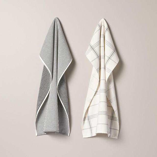 2ct Plaid & Stripe Terry Kitchen Towels Gray/Cream - Hearth & Hand™ with Magnolia