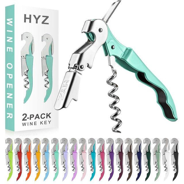 HYZ 2-Pack Wine Opener Waiter Corkscrew, Professional Wine Key for Servers, Bartender with Foil Cutter, Manual Wine Bottle Opener Double Hinged (Mint Green)