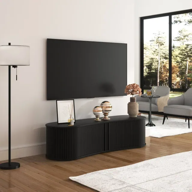 Galano Curved TV Stand with Sliding Doors in Black Oak 59.1" W x 17.7" D x 14.9" H