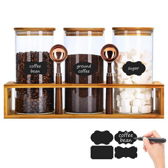 ZOMUIA Glass Coffee Containers Airtight Coffee Bean Storage Jars with Shelf, 3Pcs 44oz Coffee Station Organizer Coffee Canisters with Airtight Bamboo Lids & Spoon, Kitchen Food Storage Jars for Coffee, Sugar, Candy, Oats, Nuts…