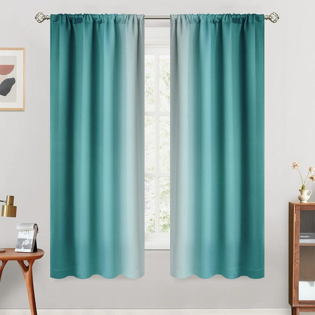 SimpleHome Ombre Room Darkening Curtains for Living Room, Rod Pocket Light Blocking Gradient Teal to Greyish White Thermal Insulated Window Curtains Drapes for Bedroom, 2 Panels, 42x63 inches Length