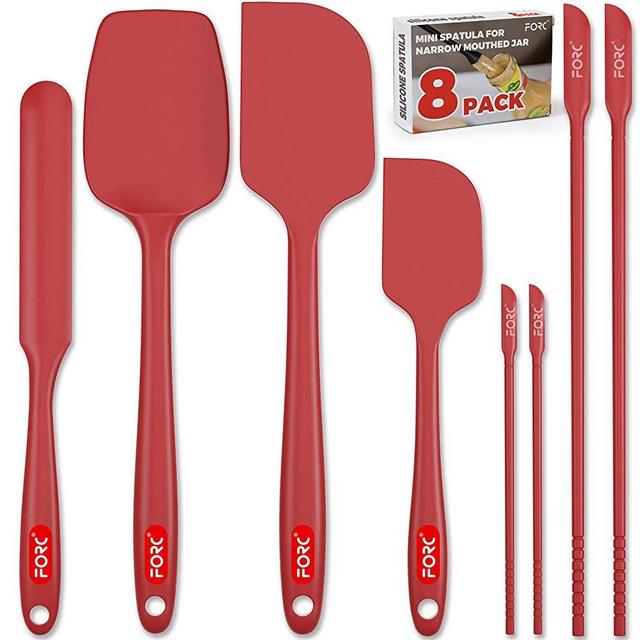 Forc Silicone Spatula Set of 8 include 4 Mini Spatulas, Heat Resistant Rubber Spatula Kitchen Utensils, One Piece Design with Stainless Steel Core, Kitchen Spatulas for Nonstick Cookware, Red